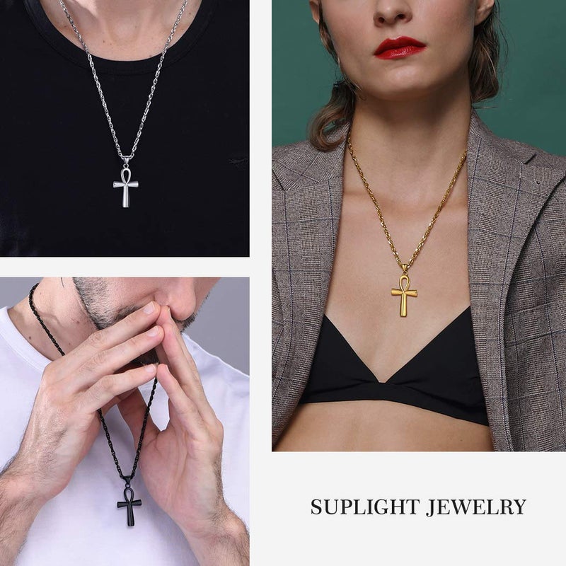 Suplight Silver Ankh Cross Pendant Ancient Egyptian Jewelry Stainless Steel Lucky Protection Necklace for Men Women - Image 3